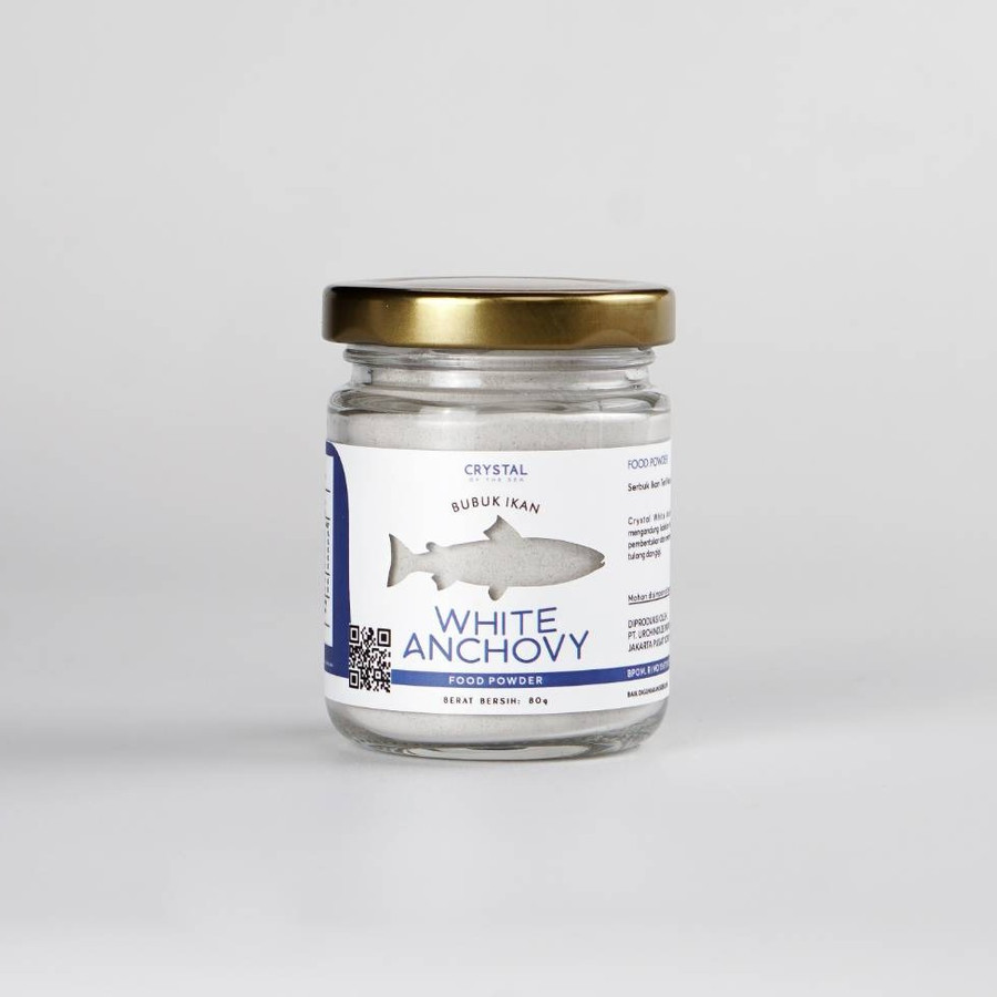 bubuk ikan teri nasi atau white anchovy powder di dalam kemasan botol kaca
