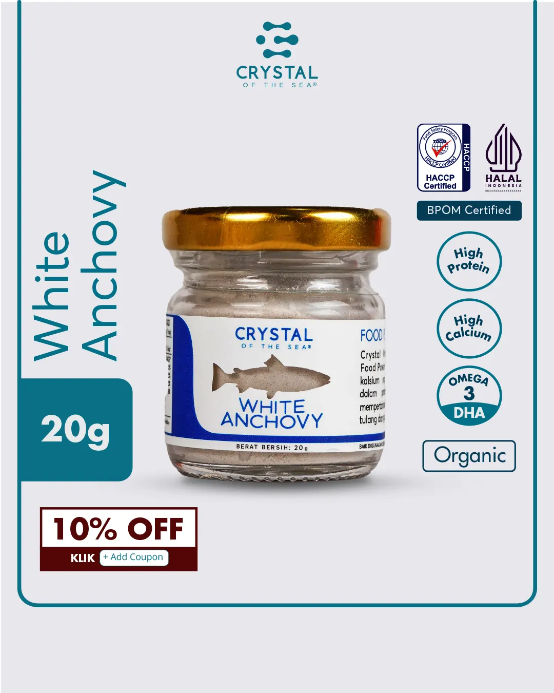 kemasan botol kecil berisi white anchovy powder dalam genggaman
