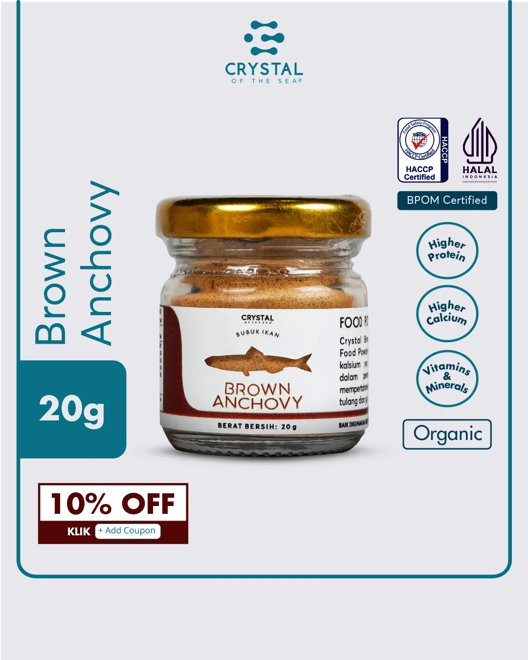 tangan menggenggam botol kaca kecil berisi brown anchovy powder dari crystal sea