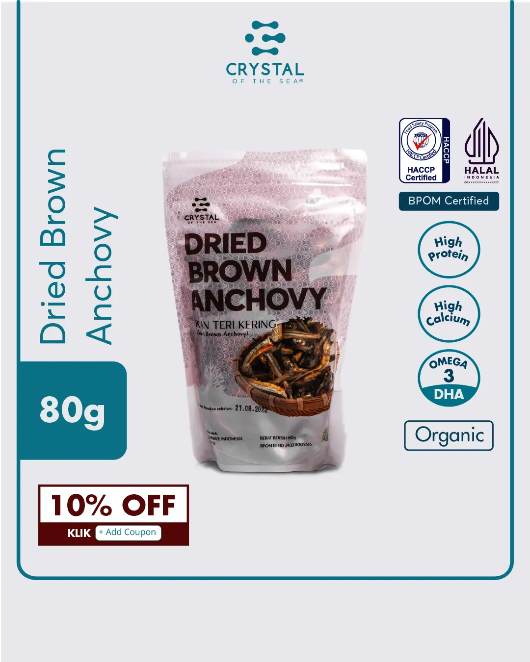 foto mangkok kecil dan kemasan pouch berisi ikan teri jengki atau dried brown anchovy produk crystal sea