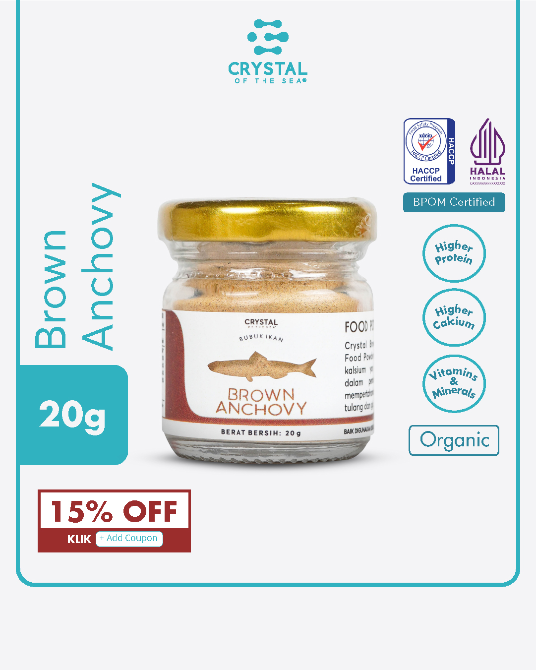 tangan menggenggam botol kaca kecil berisi brown anchovy powder dari crystal sea