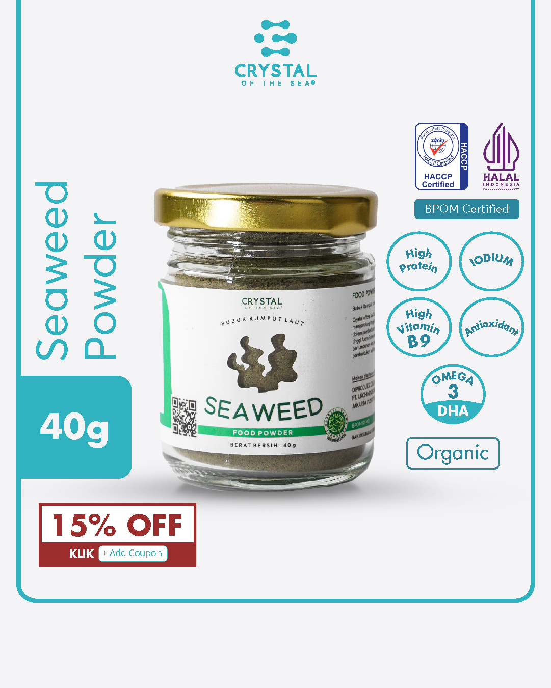 botol kaca berisi bubuk nori atau seaweed powder dari crystal sea