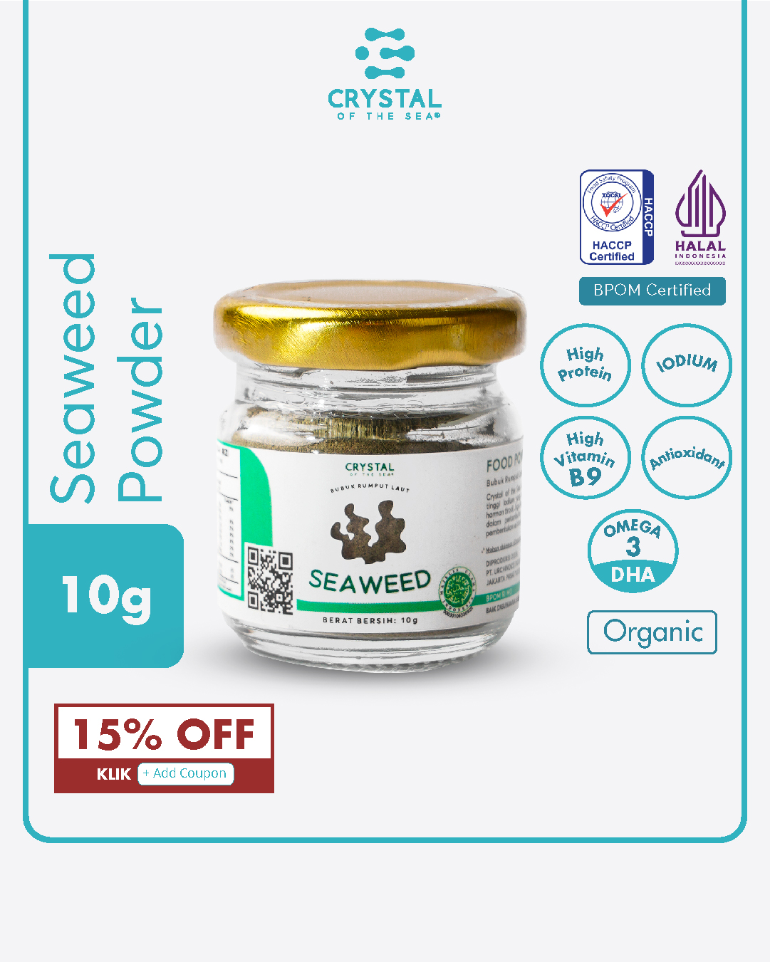 botol kaca kecil berisi bubuk nori atau seaweed powder dari crystal sea