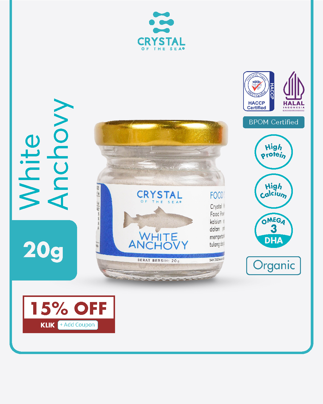 kemasan botol kecil berisi white anchovy powder dalam genggaman
